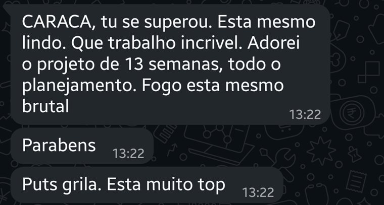 Print de WhatsApp: Que trabalho incrível. Adorei o projeto de 13 semanas, todo o planejamento. Está mesmo brutal.
